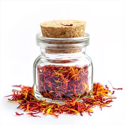 عکس یک شیشه ادویه شفاف با رشته های زعفران خشک در پس زمینه ای شفاف