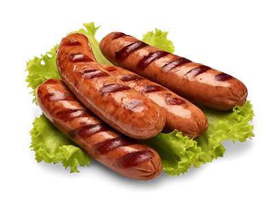 عکس دوربری سوسیس های کبابی با کاهو بر روی پس زمینه شفاف و زیبا