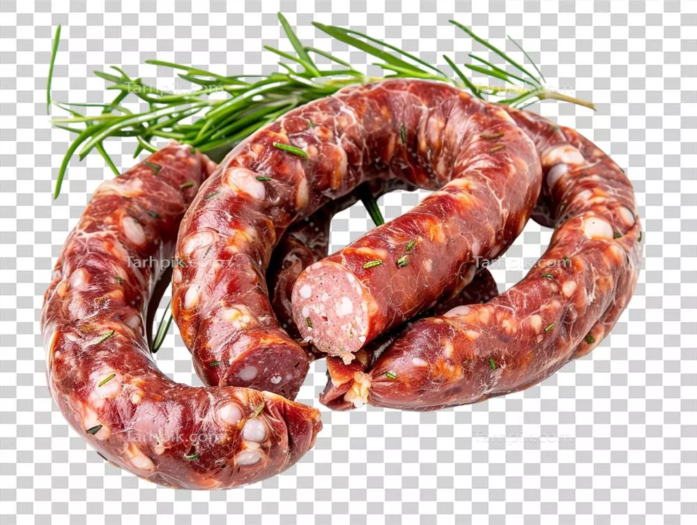 عکس دوربری سوسیس خام مجارستانی با پس زمینه شفاف و جذاب