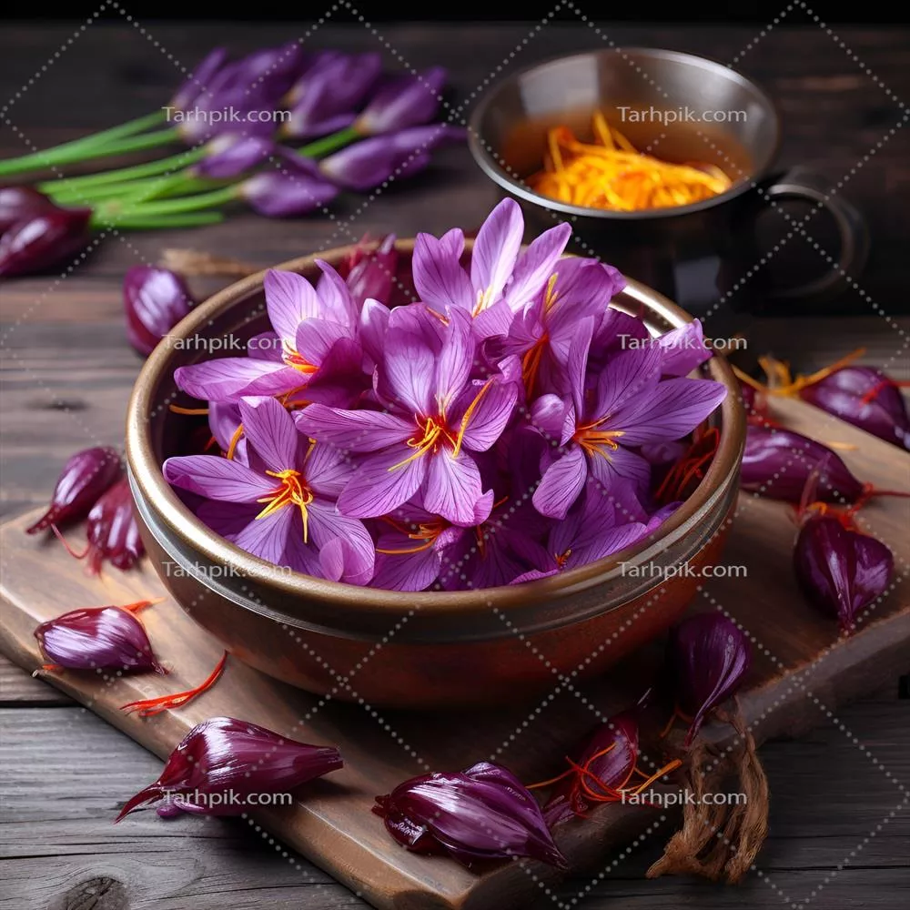 عکس تصویری زیبا از گل های زعفران در ظرفی شیک و هنری