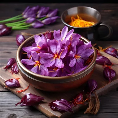 عکس تصویری زیبا از گل های زعفران در ظرفی شیک و هنری