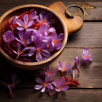 عکس تصویری زیبا از گل های زعفران در کاسه چوبی بر روی پس زمینه چوبی