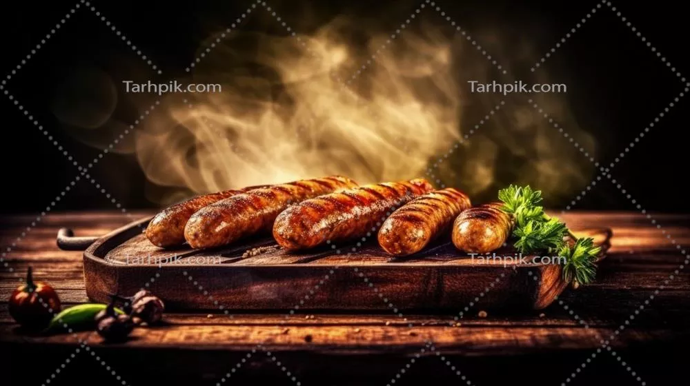 عکس تصویری زیبا از سوسیس های کبابی روی تخته چوبی با طراحی هنری