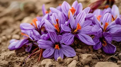 عکس گل های زعفران بالغ با شکوفه های زعفرانی درخشان و زیبا