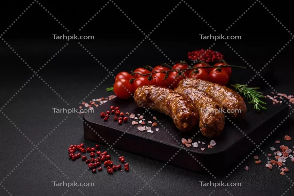 عکس سوسیس های خوشمزه سرخ شده و کبابی با ادویه و سبزیجات معطر