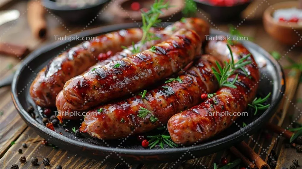 عکس پلاتی از سوسیس ها و سبزیجات تازه بر روی میز غذا