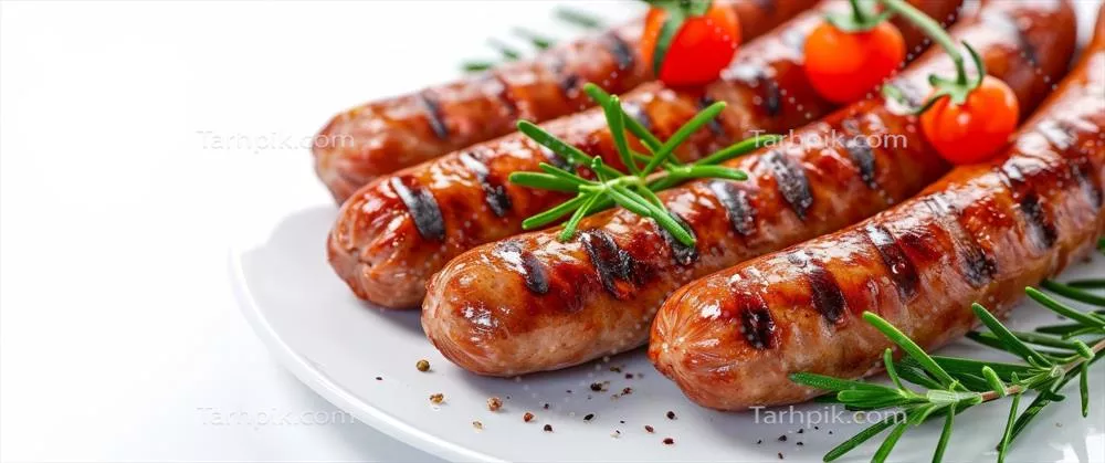 عکس سوسیس های پخته شده بر روی پس زمینه سفید با جزئیات جذاب