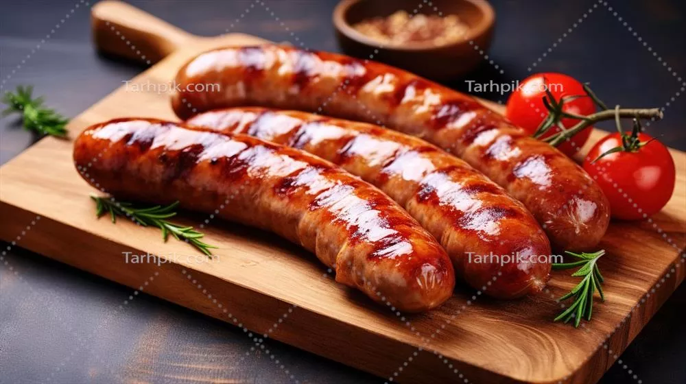 عکس سوسیس کبابی خوشمزه بر روی تخته چوبی با رزماری و گوجه فرنگی