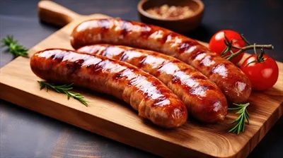 عکس سوسیس کبابی خوشمزه بر روی تخته چوبی با رزماری و گوجه فرنگی