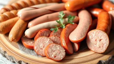 عکس نمای نزدیک از سوسیس های برش خورده روی تخته برش چوبی