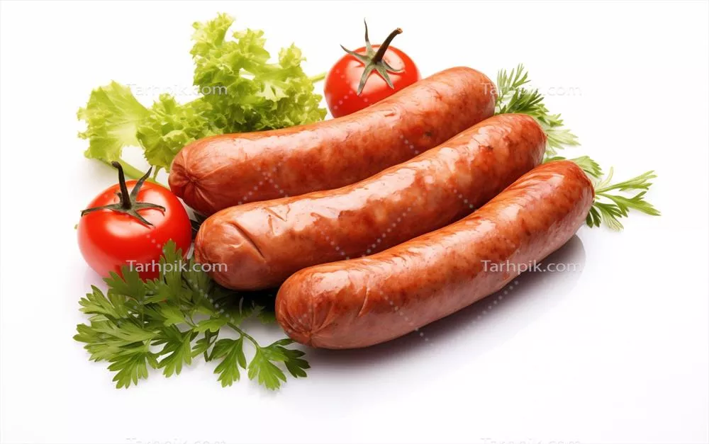 عکس سوسیس های خوشمزه و خوش طعم تولید شده با هوش مصنوعی بر روی پس زمینه سفید