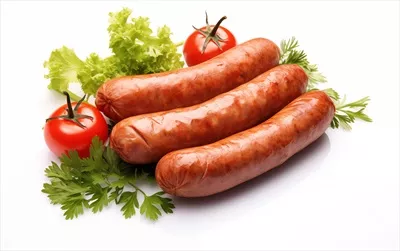 عکس سوسیس های خوشمزه و خوش طعم تولید شده با هوش مصنوعی بر روی پس زمینه سفید