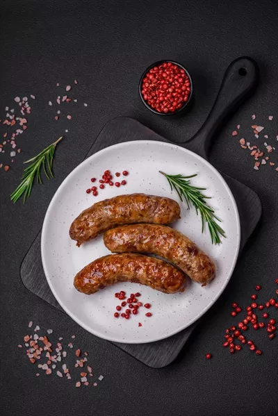 عکس سوسیس های خوشمزه سرخ شده و کبابی با ادویه و سبزیجات معطر