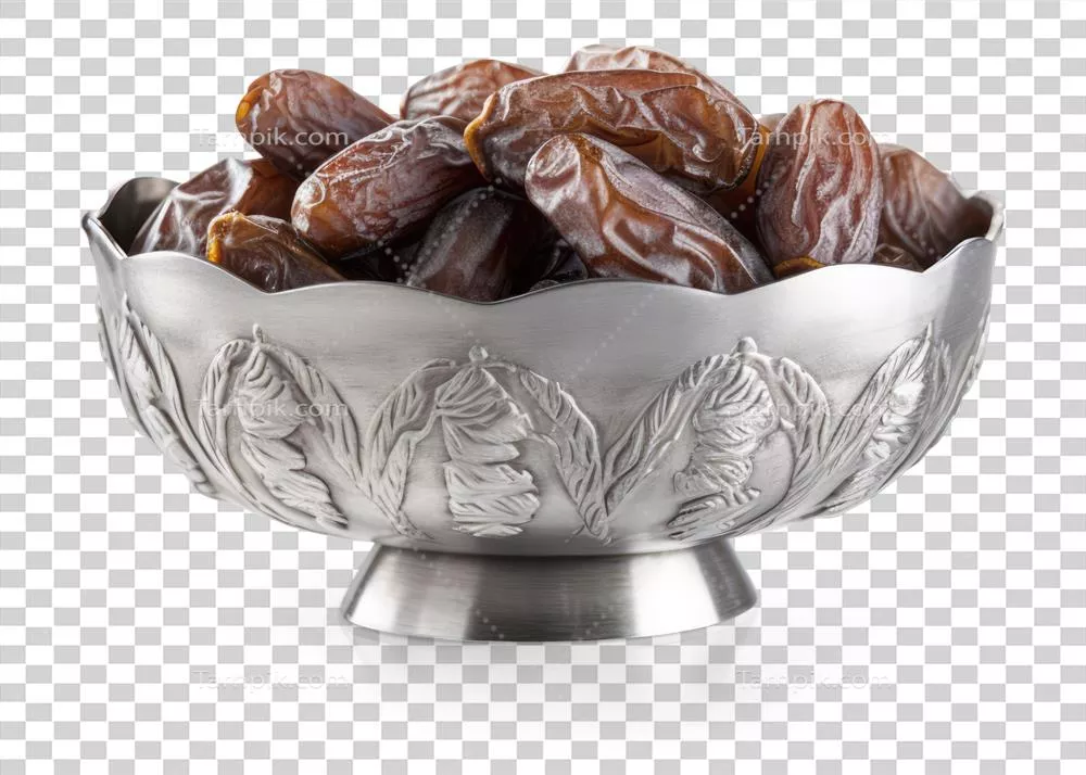 عکس دوربری تصویری زیبا از میوه های خرما در یک کاسه نقره ای با طراحی هنری