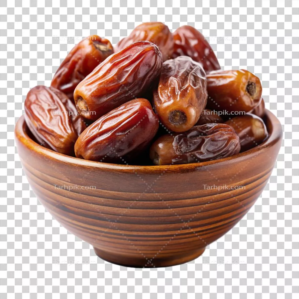 عکس دوربری تصویری زیبا از میوه های خرما در یک کاسه با طراحی سه بعدی
