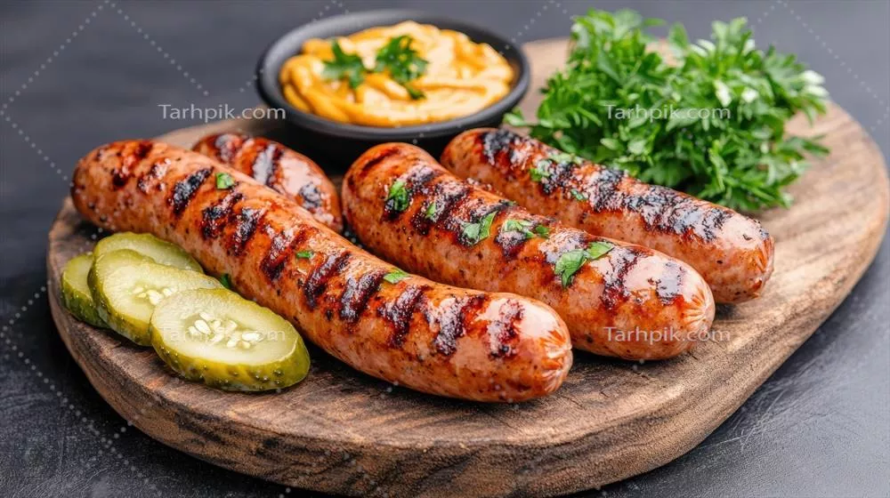 عکس سوسیس کبابی خوشمزه سرو شده بر روی تخته چوبی با ترشی و خردل