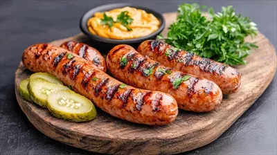 عکس سوسیس کبابی خوشمزه سرو شده بر روی تخته چوبی با ترشی و خردل