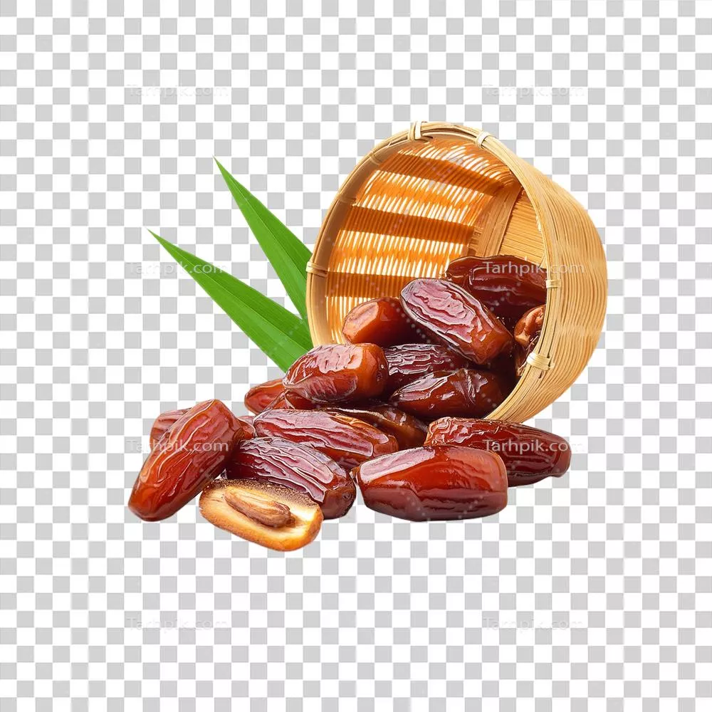 عکس دوربری خرماهای تازه در سبدی زیبا و طبیعی بر روی پس زمینه شفاف