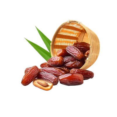 عکس دوربری خرماهای تازه در سبدی زیبا و طبیعی بر روی پس زمینه شفاف