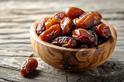 عکس کاسه چوبی پر از خرما بر روی میز - تصویری زیبا و دلنشین