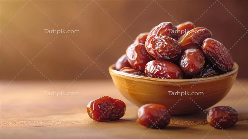 عکس تصویری زیبا از خرماهای خشک در یک کاسه چوبی با فضایی برای متن