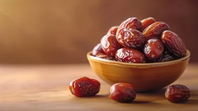 عکس تصویری زیبا از خرماهای خشک در یک کاسه چوبی با فضایی برای متن