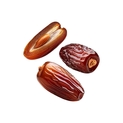 عکس دوربری میوه های خرما در حال سقوط بر روی پس زمینه ای شفاف و زیبا
