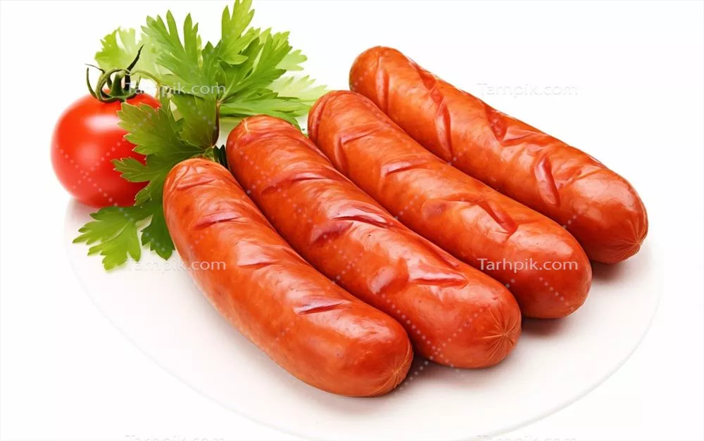 عکس سوسیس های خوشمزه و خوش طعم تولید شده با هوش مصنوعی بر روی پس زمینه سفید