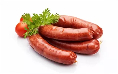 عکس سوسیس های خوشمزه و خوش طعم تولید شده با هوش مصنوعی بر روی پس زمینه سفید