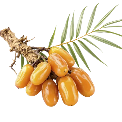 عکس دوربری خوشه ای از خرماهای رسیده بر روی شاخه درخت خرما