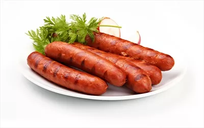 عکس سوسیس های خوشمزه و خوش طعم تولید شده با هوش مصنوعی بر روی پس زمینه سفید