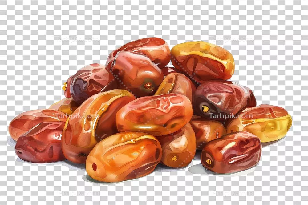 عکس دوربری مجموعه ای از خرماهای تازه و خوشمزه در پس زمینه شفاف