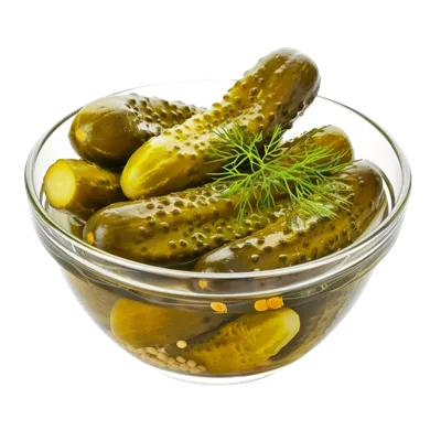عکس دوربری ترکیب خیارشور در یک کاسه شیشه ای با پس زمینه شفاف