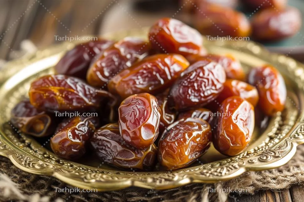عکس خرماهای خشک ارگانیک تولید شده با هوش مصنوعی در ظرف برنزی