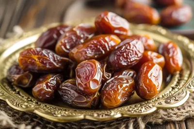 عکس خرماهای خشک ارگانیک تولید شده با هوش مصنوعی در ظرف برنزی
