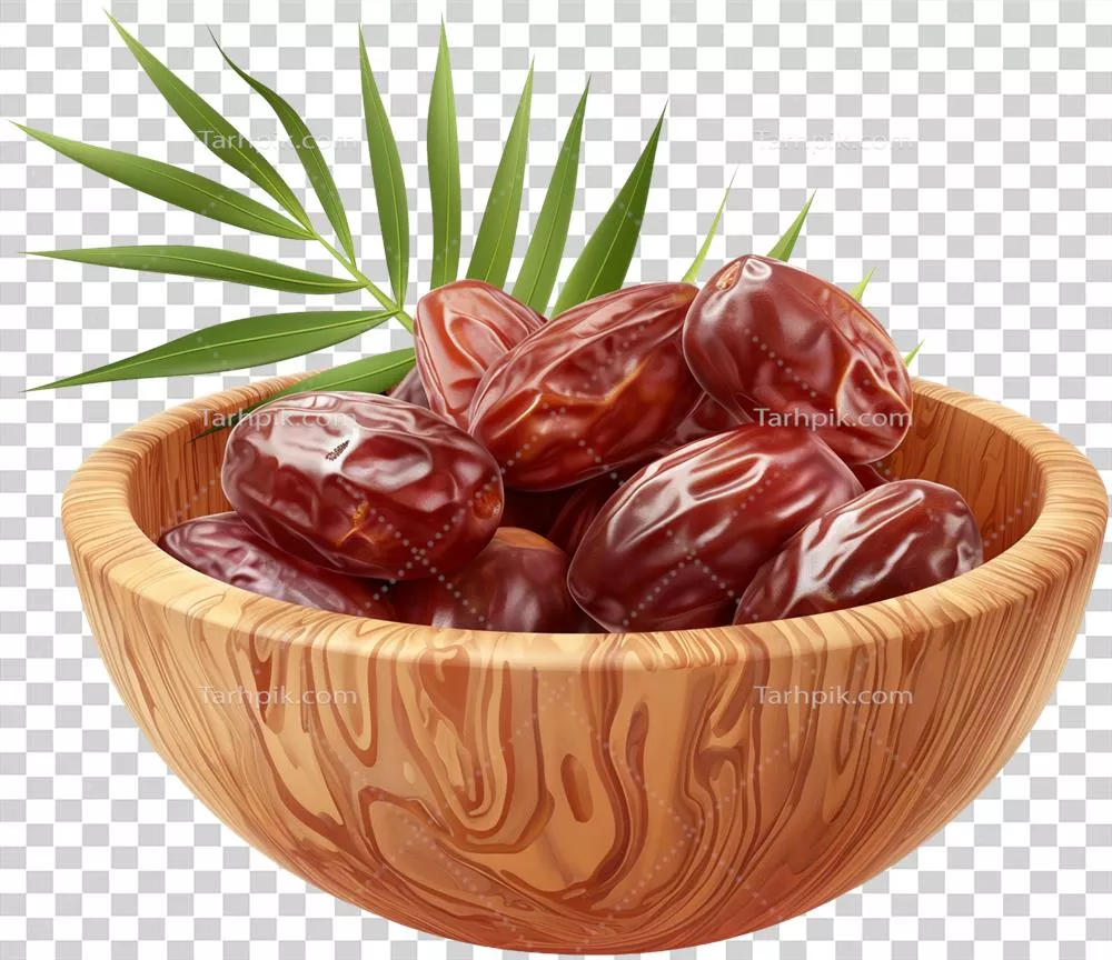 عکس دوربری میوه خرما تازه با برگ، نمایی زیبا و شفاف بر روی پس زمینه شفاف
