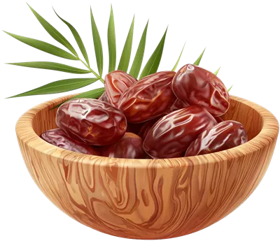 عکس دوربری میوه خرما تازه با برگ، نمایی زیبا و شفاف بر روی پس زمینه شفاف