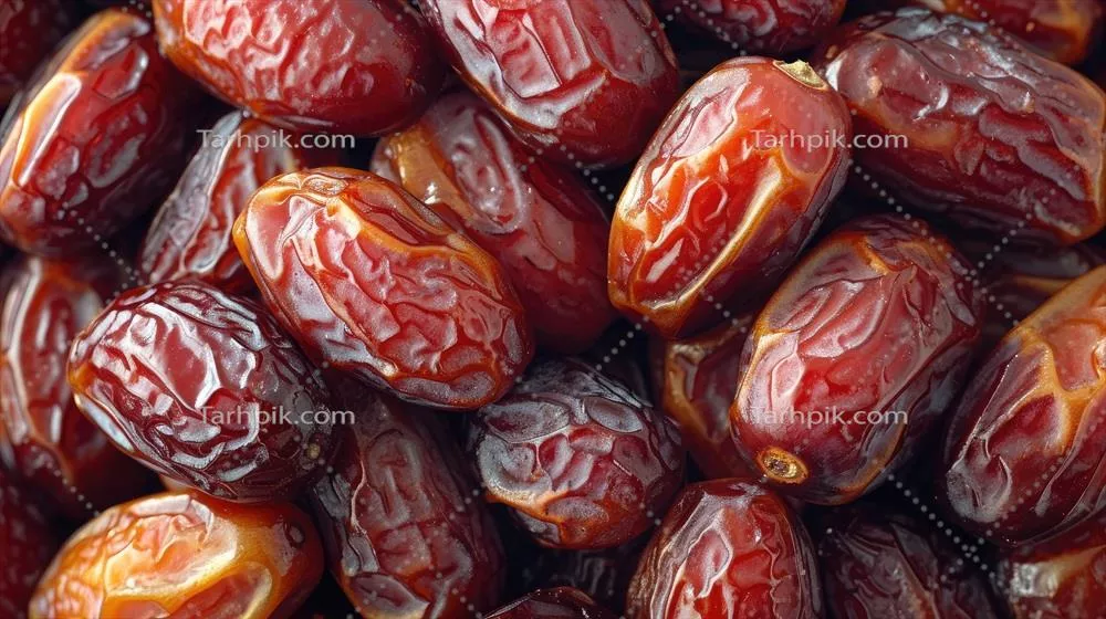 عکس تصویری زیبا از درخت نخل و میوه های خرما در پس زمینه ای دلنشین
