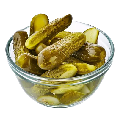 عکس دوربری ترکیب خیارشور در یک کاسه شیشه ای با پس زمینه شفاف