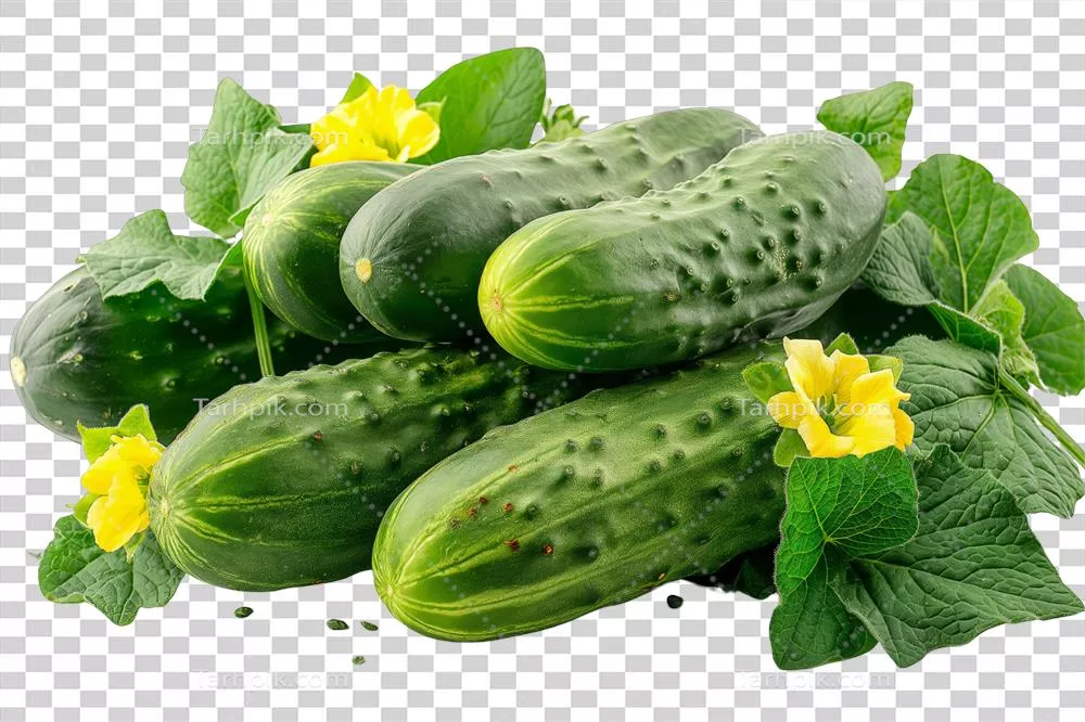 عکس دوربری خیارهای تازه با برگ ها و گل های زیبا در باغ