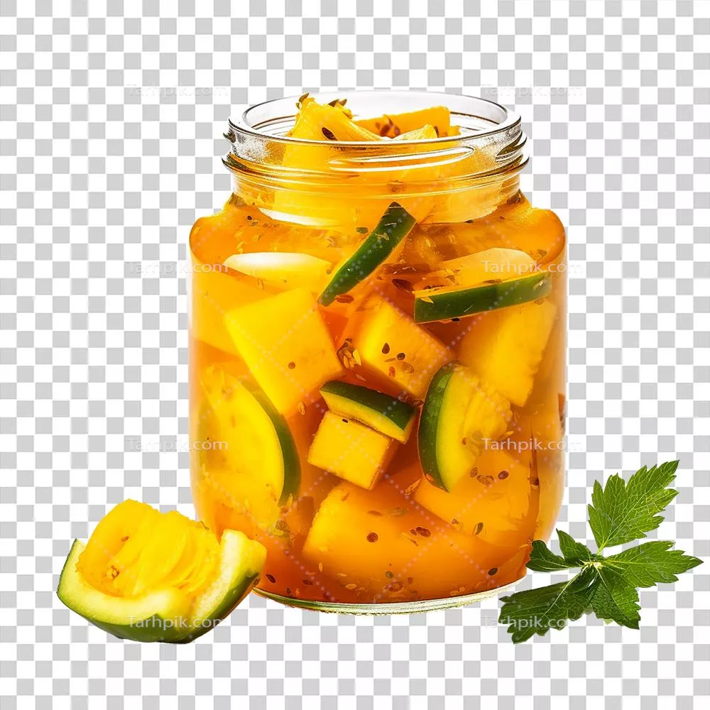 عکس دوربری ترکیب خوشمزه و رنگارنگ ترشی انبه در شیشه شفاف با پس زمینه ساده
