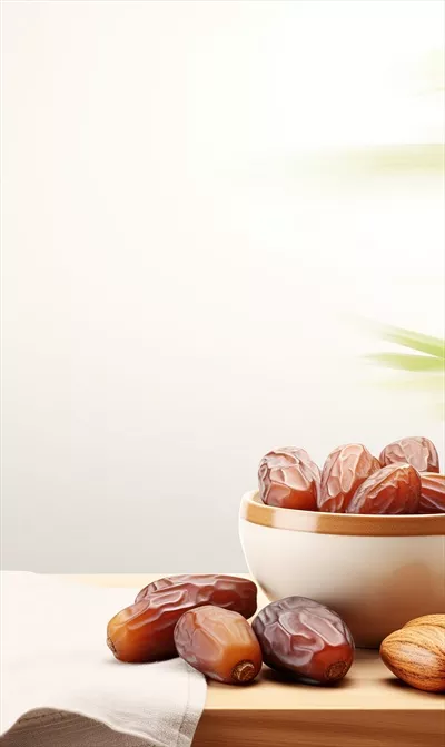 عکس تصویری زیبا از کاسه خرما بر روی پس زمینه چوبی سفید در ماه رمضان