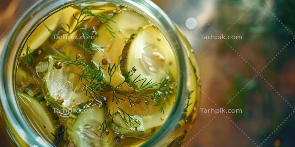 عکس شیشه شفاف پر از ترشیجات خانگی با فضای خالی برای نوشتن