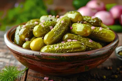 عکس خیارهای ترشی تازه در کاسه ای روستایی برای استفاده های آشپزی