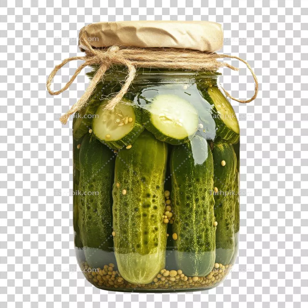 عکس دوربری ترشی خیار تازه در شیشه، نمایی زیبا و شفاف از طعم و تازگی