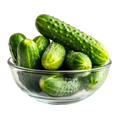 عکس دوربری کاسه شیشه ای کوچک پر از خیارهای کوچک و تازه در پس زمینه شفاف