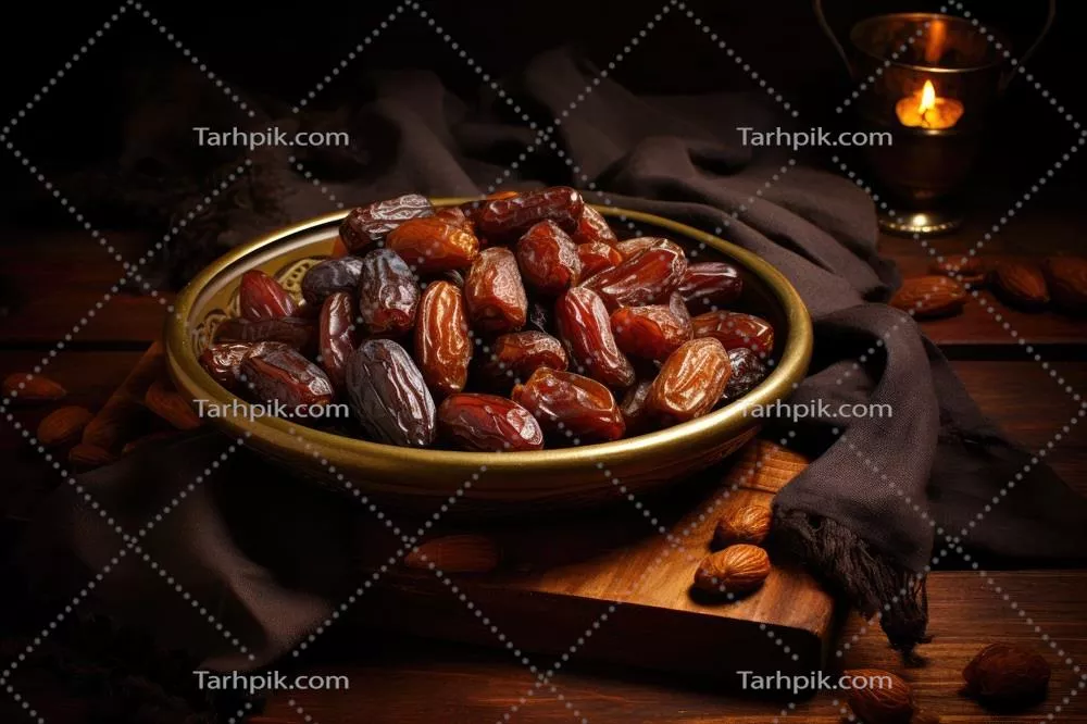 عکس تصویری زیبا از خرماهای خشک در کاسه ای چوبی با تمرکز انتخابی