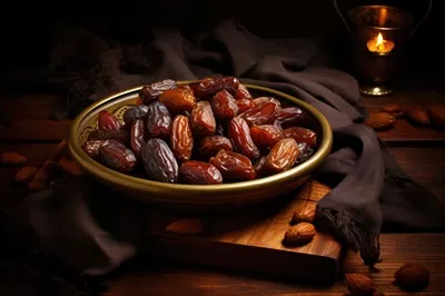 عکس تصویری زیبا از خرماهای خشک در کاسه ای چوبی با تمرکز انتخابی