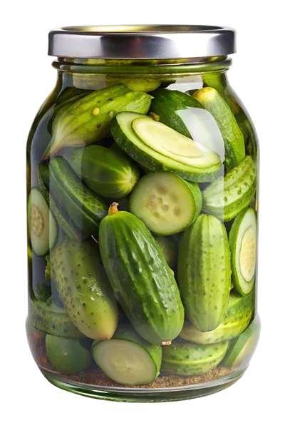 عکس دوربری شیشه ای پر از خیارشور تازه و خوشمزه با طراحی شفاف