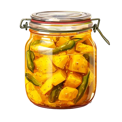 عکس دوربری ترکیب خوشمزه و رنگارنگ ترشی انبه در شیشه شفاف